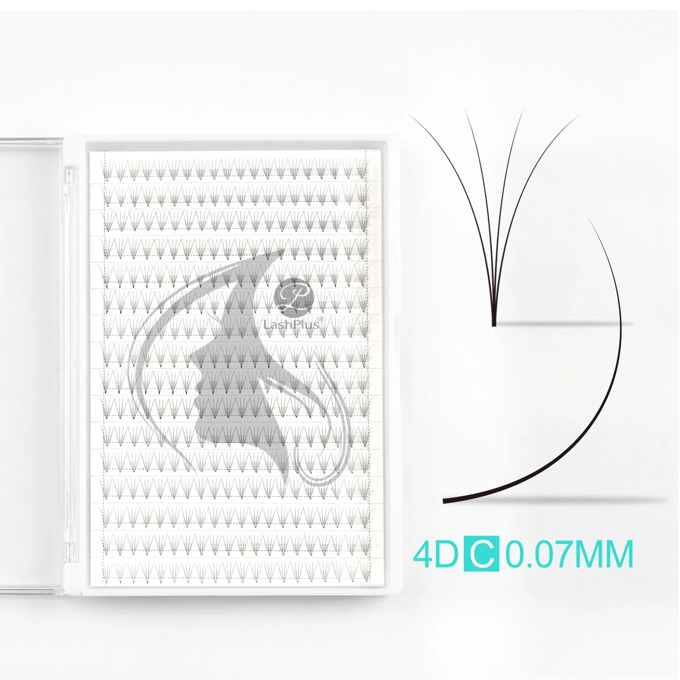 4D premade fans large tray, 0.07mm C curl, base tape, 16 lines of 20 fans (320 per tray) — LashPlus factory (Qingdao, China)