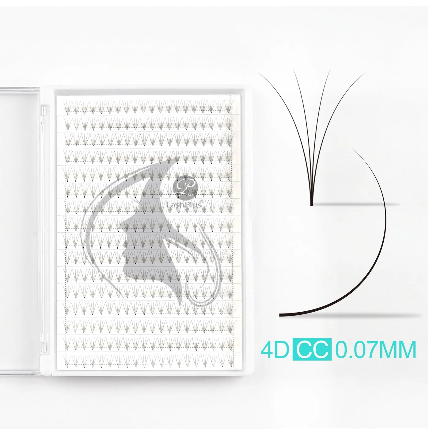 4D premade fans large tray, 0.07mm CC curl, base tape, 16 lines of 20 fans (320 per tray) — LashPlus factory (Qingdao, China)