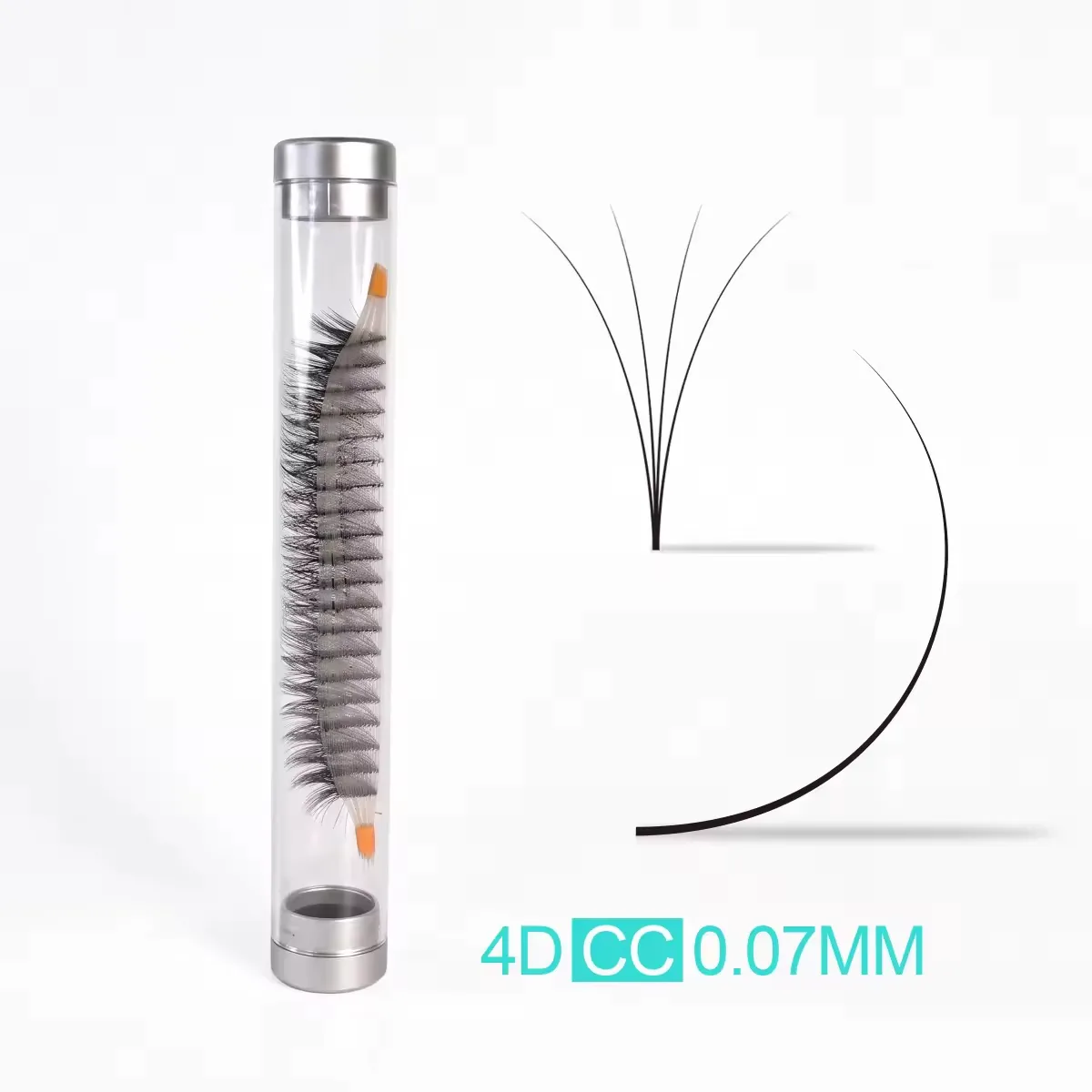4D premade volume fans, 0.07mm CC curl, short stem, base-taped strip, tube of 600 fans — LashPlus factory (Qingdao, China)