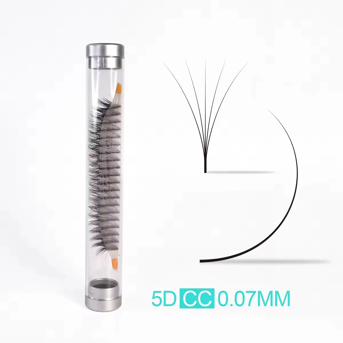 5D premade volume fans, 0.07mm CC curl, short stem, base-taped strip, tube of 600 fans — LashPlus factory (Qingdao, China)