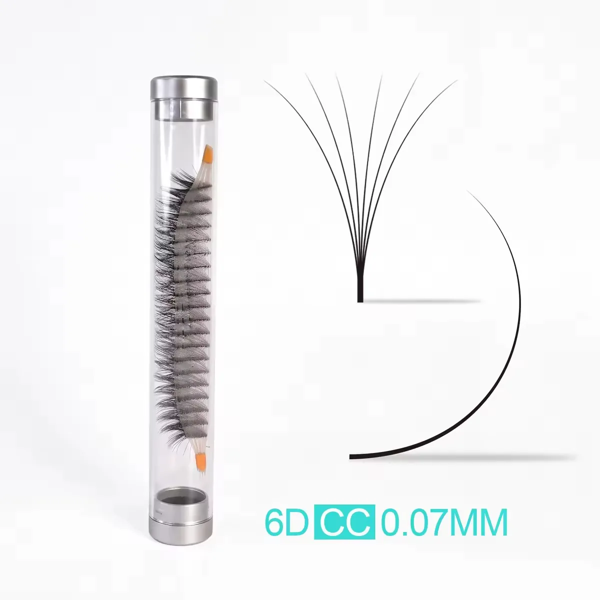 6D premade volume fans, 0.07mm CC curl, short stem, base-taped strip, tube of 600 fans — LashPlus factory (Qingdao, China)